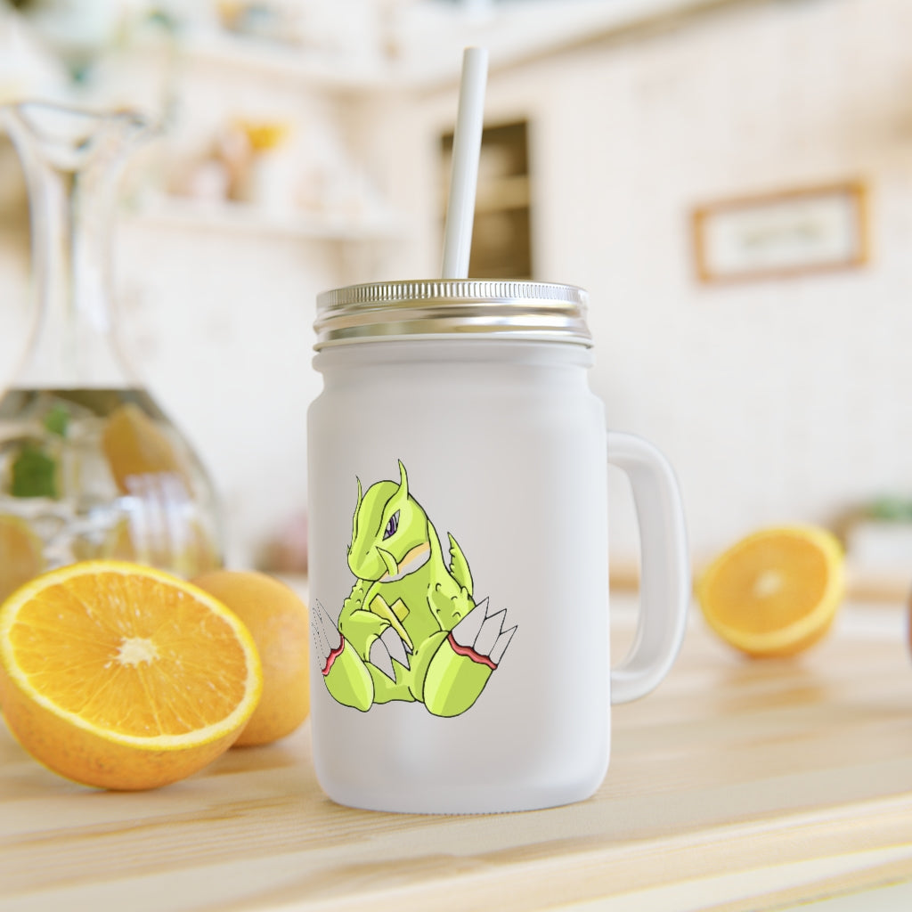 A stylish Toxcana Mason Jar made of frosted glass, featuring a straw and lid, perfect for personalized drinks.