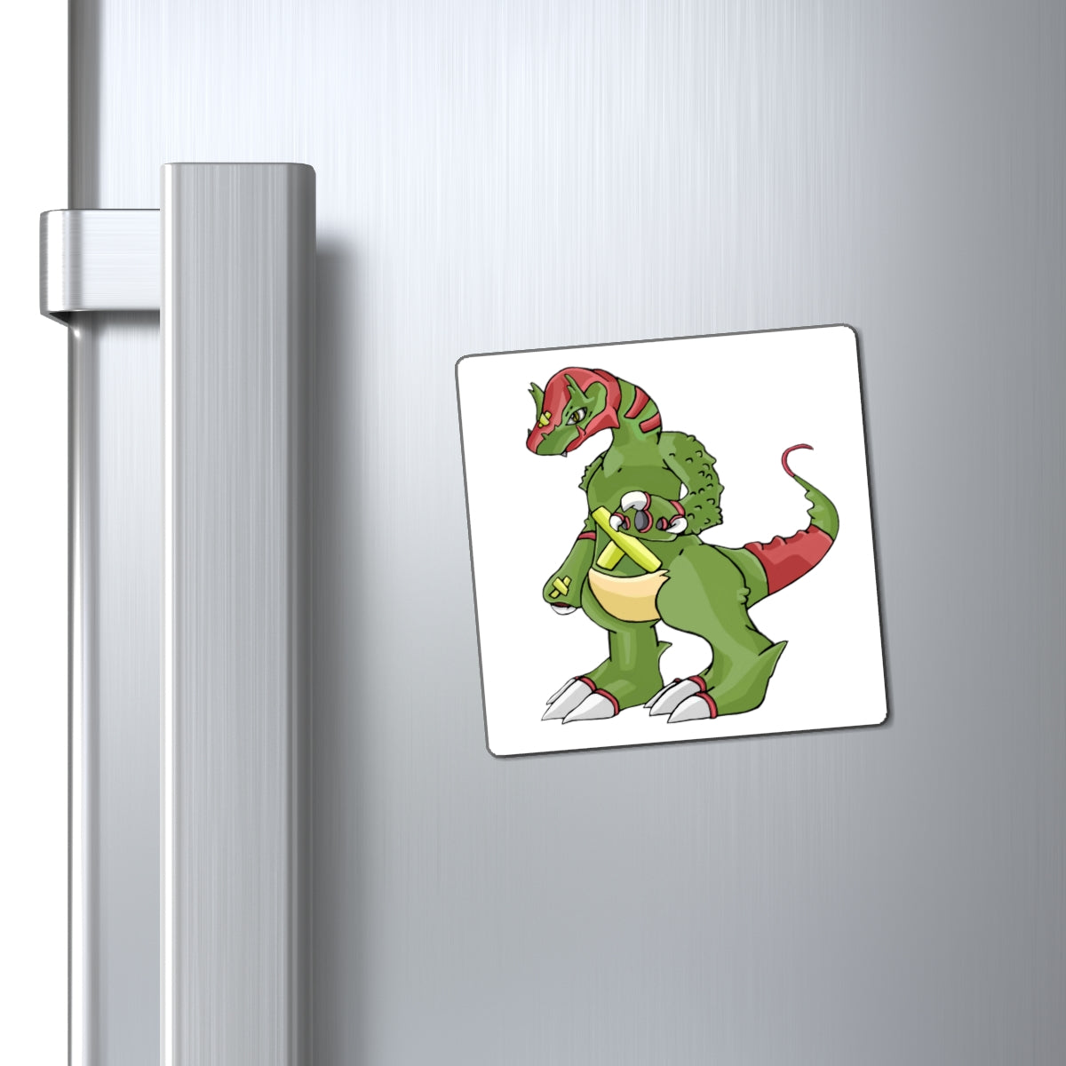 A set of Toxicaan Magnets showcasing various custom designs on a metallic surface, featuring a sleek black backing.