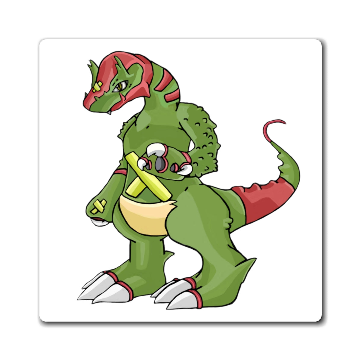 A set of Toxicaan Magnets showcasing various custom designs on a metallic surface, featuring a sleek black backing.