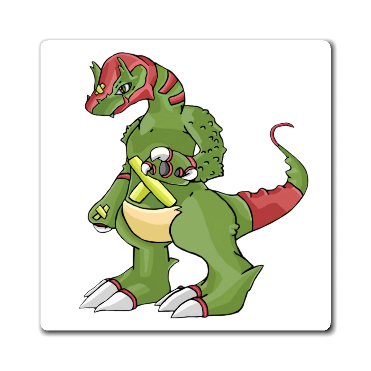 A set of Toxicaan Magnets showcasing various custom designs on a metallic surface, featuring a sleek black backing.