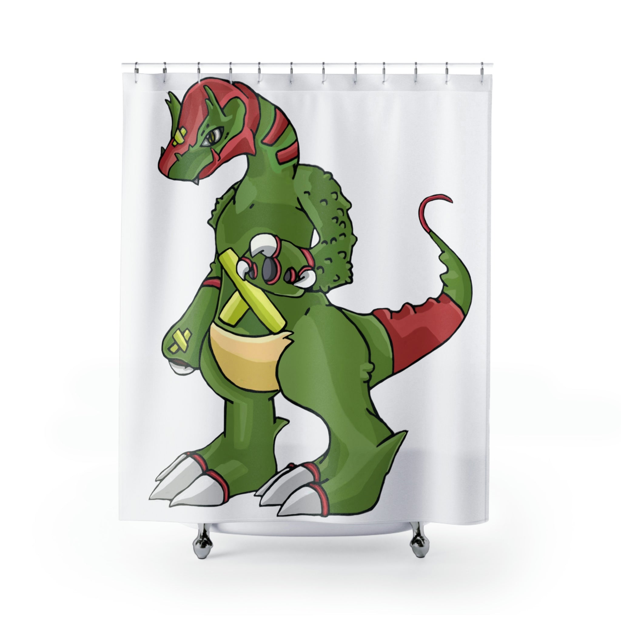 Toxicaan Shower Curtain featuring vibrant designs on durable polyester fabric, enhancing bathroom decor.