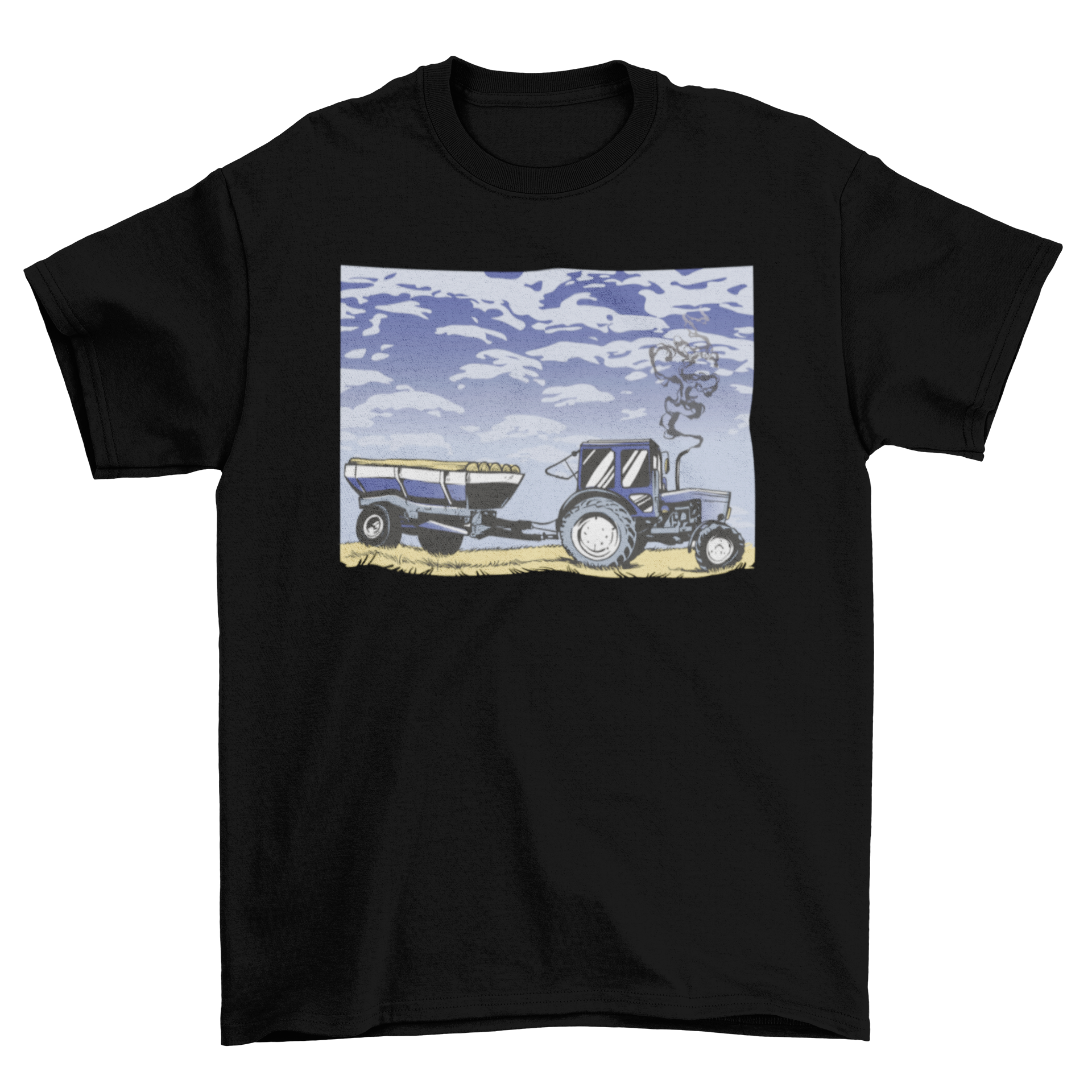 A vibrant blue tractor working in a field under a clear blue sky, featured on a stylish t-shirt.
