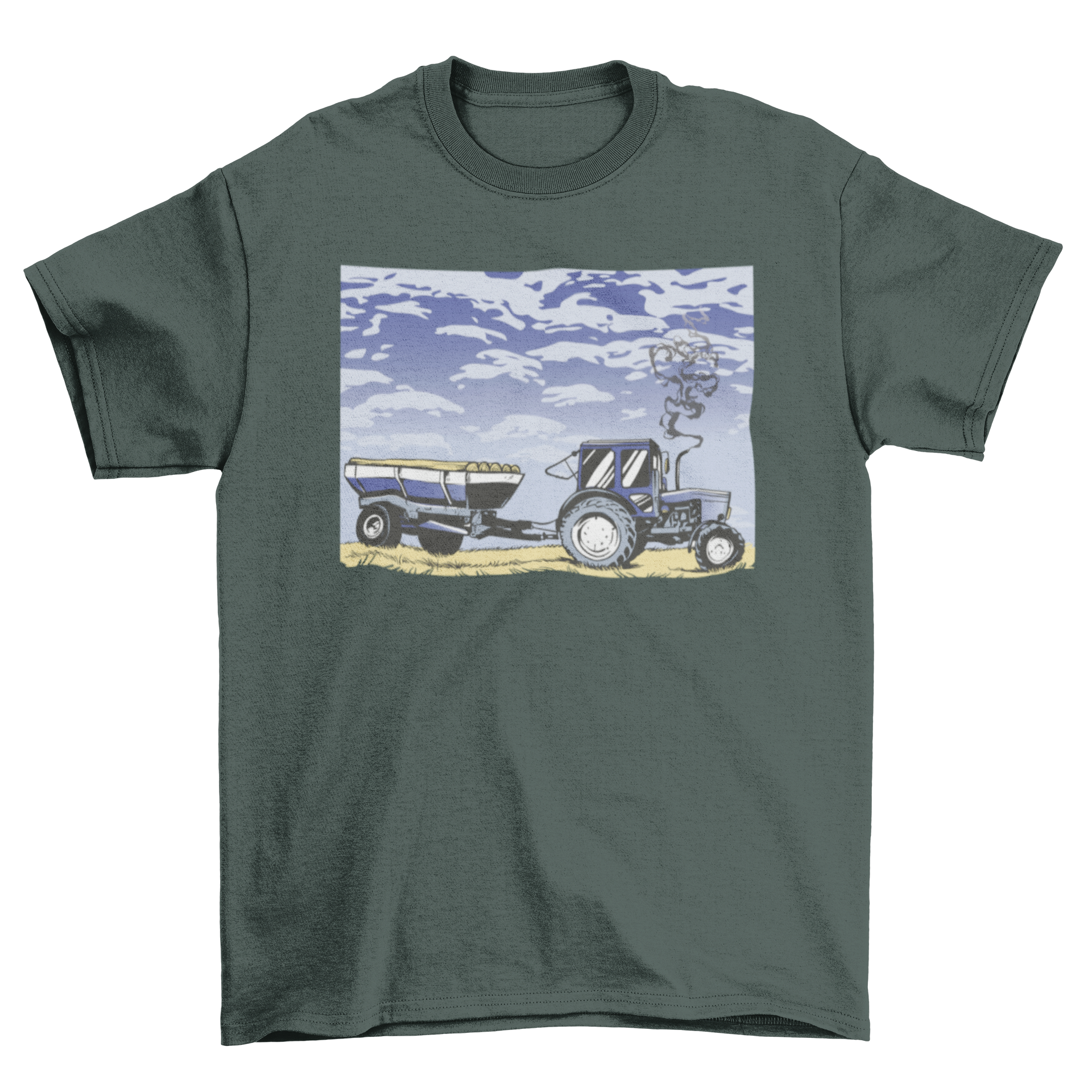 A vibrant blue tractor working in a field under a clear blue sky, featured on a stylish t-shirt.