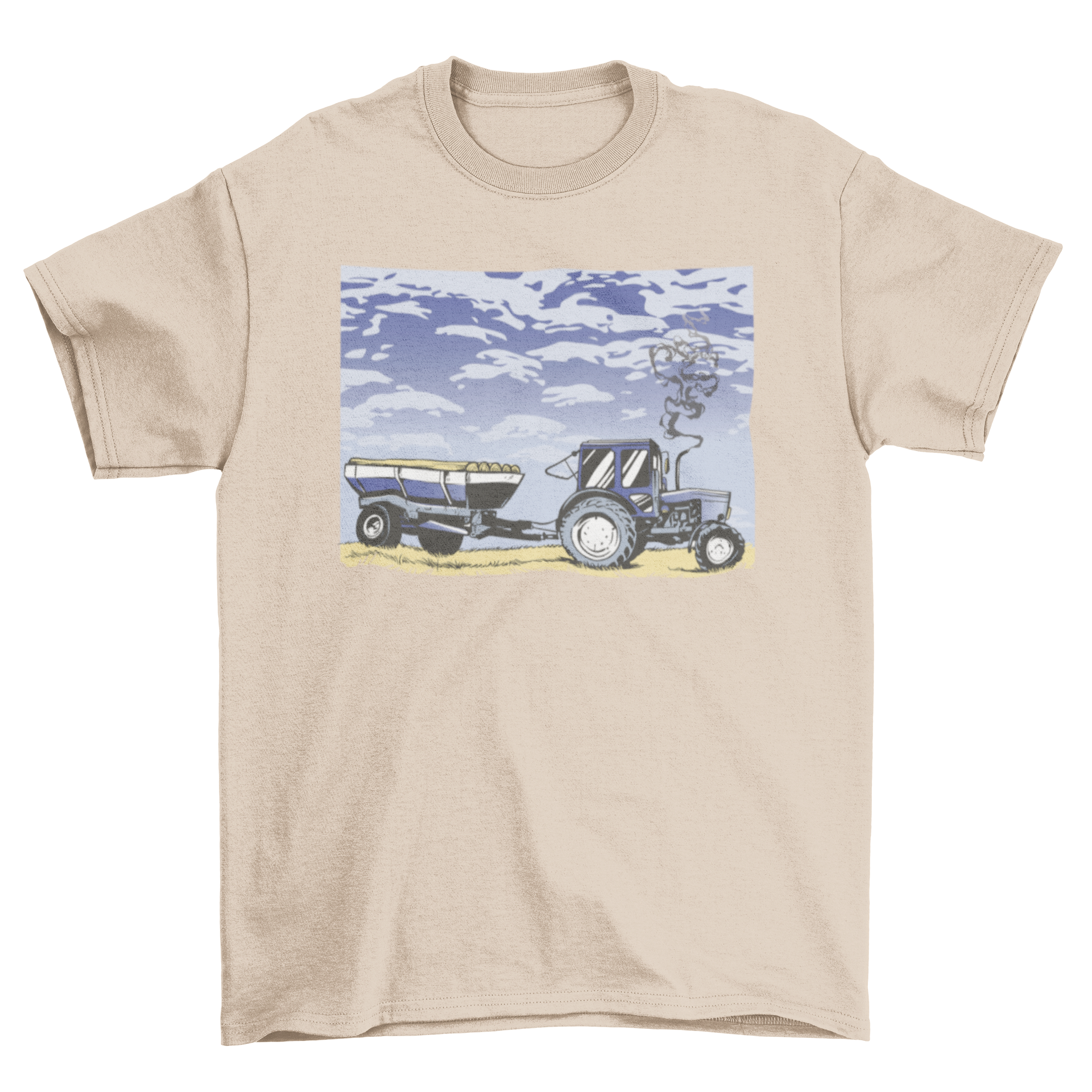 A vibrant blue tractor working in a field under a clear blue sky, featured on a stylish t-shirt.