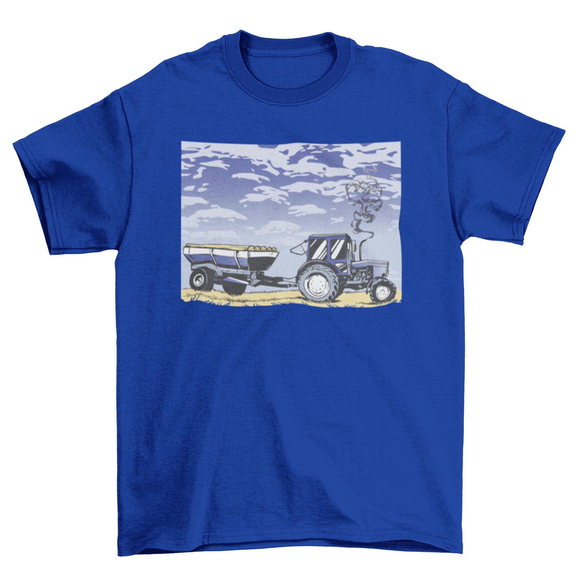 A vibrant blue tractor working in a field under a clear blue sky, featured on a stylish t-shirt.