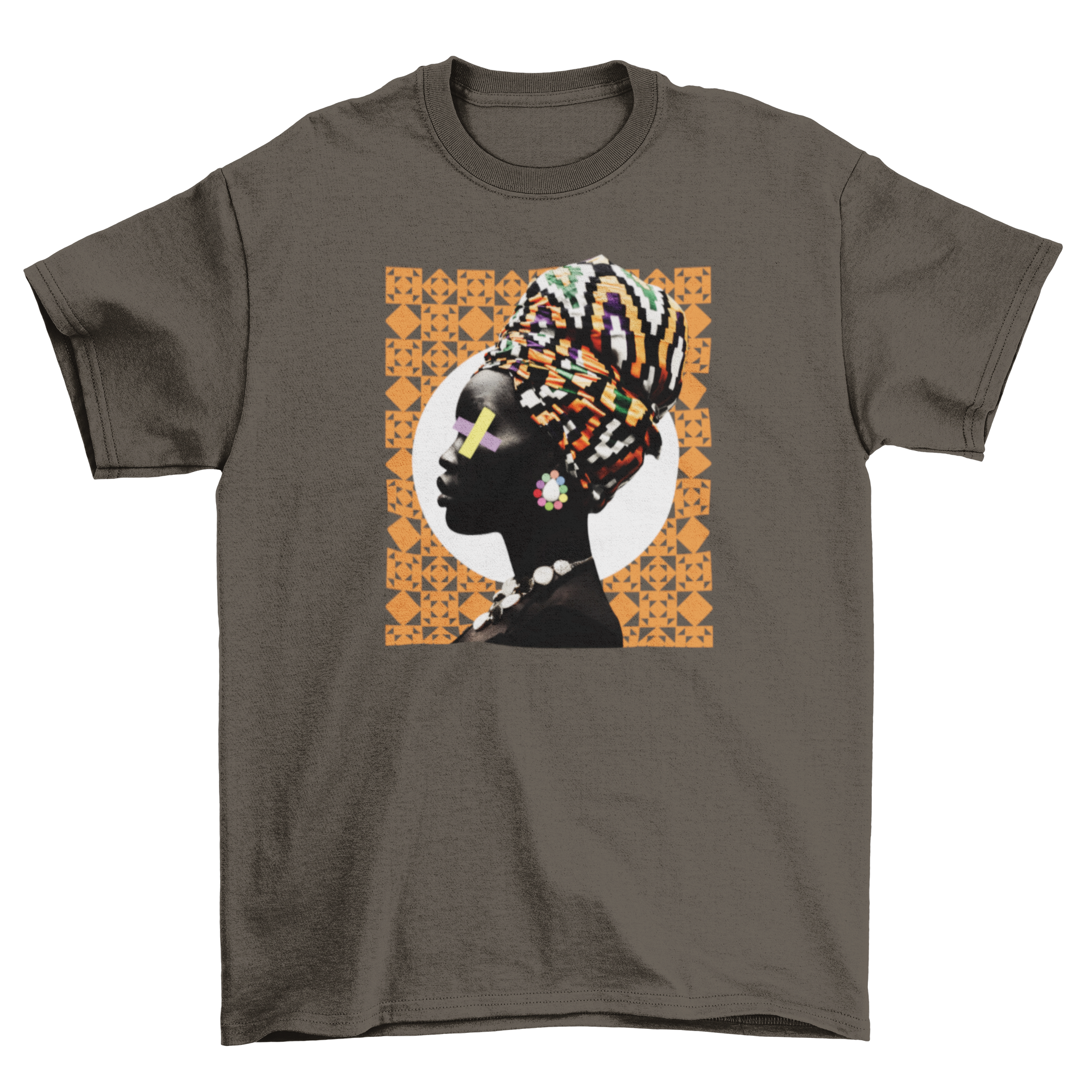 Traditional African woman t-shirt featuring colorful headpiece accessories and geometric background design.