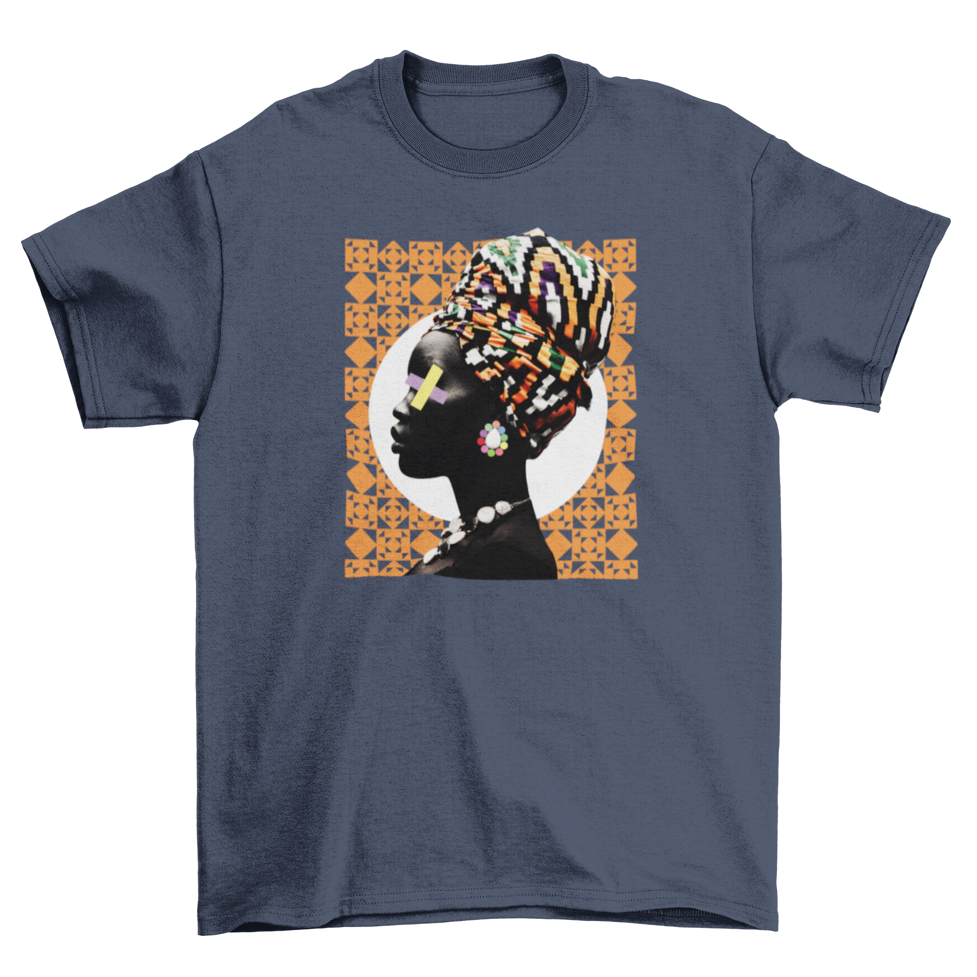 Traditional African woman t-shirt featuring colorful headpiece accessories and geometric background design.