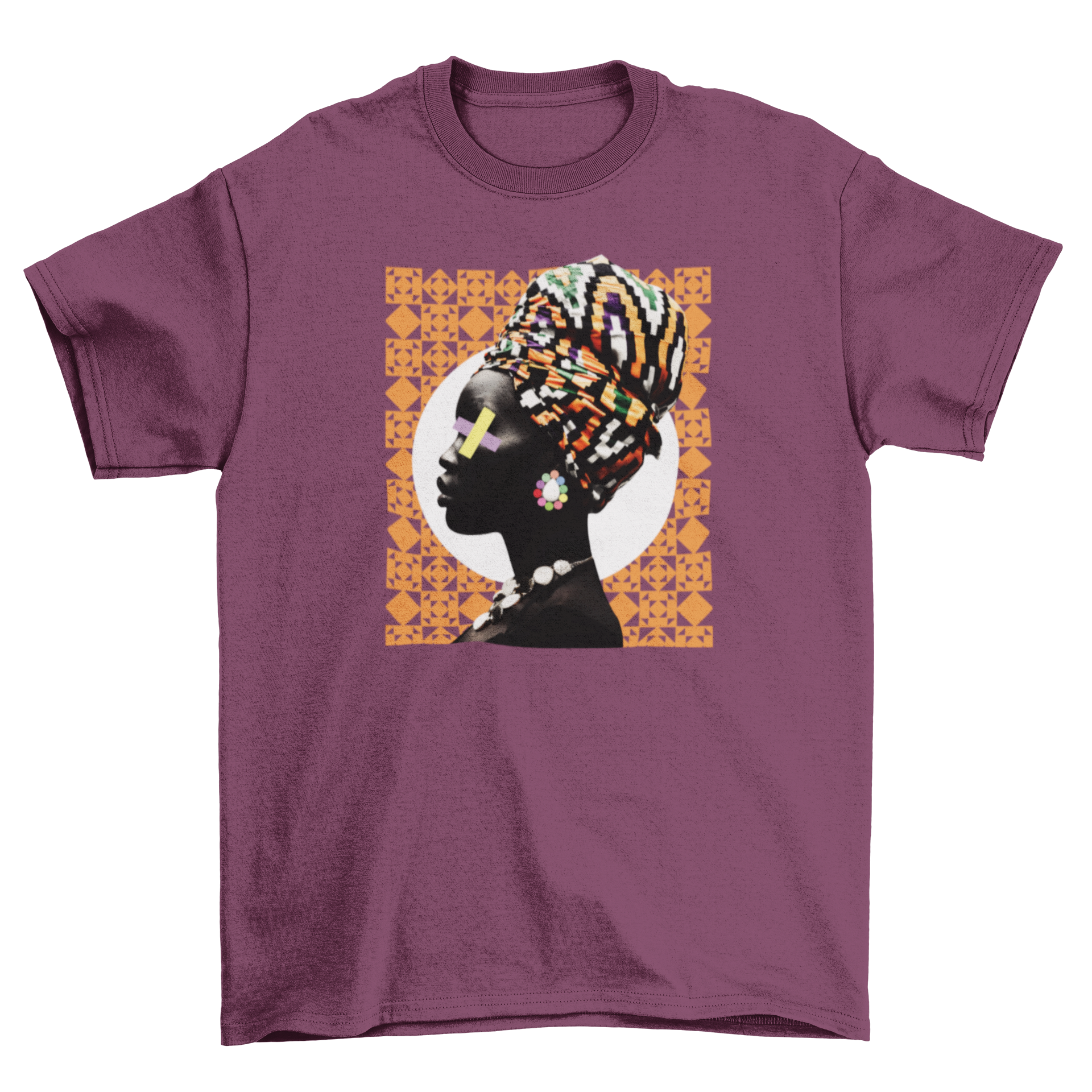 Traditional African woman t-shirt featuring colorful headpiece accessories and geometric background design.