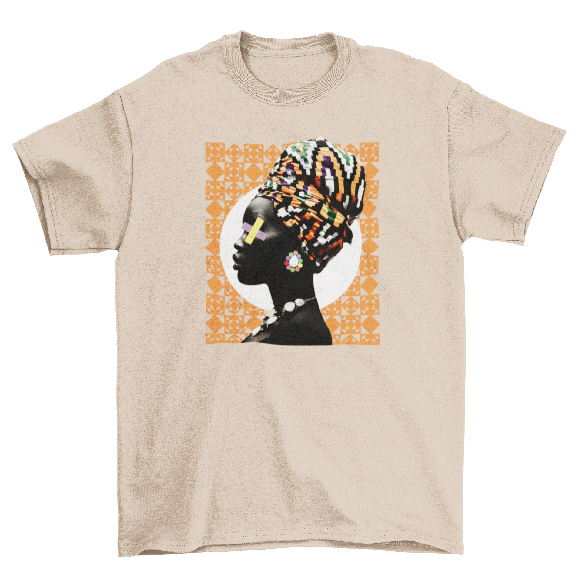 Traditional African woman t-shirt featuring colorful headpiece accessories and geometric background design.