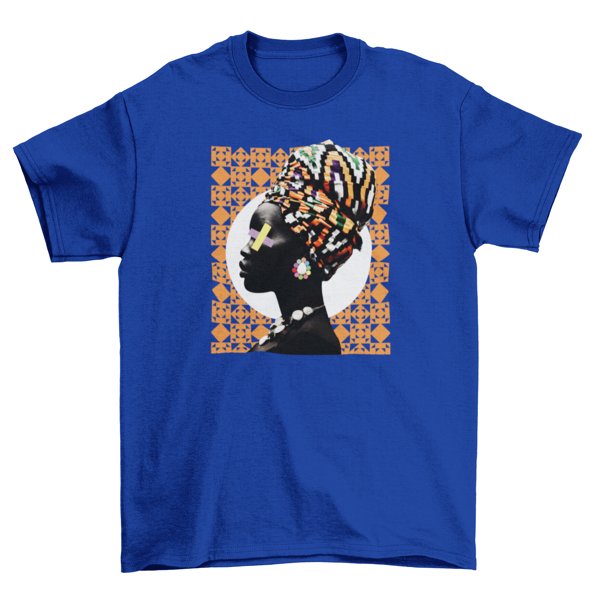 Traditional African woman t-shirt featuring colorful headpiece accessories and geometric background design.