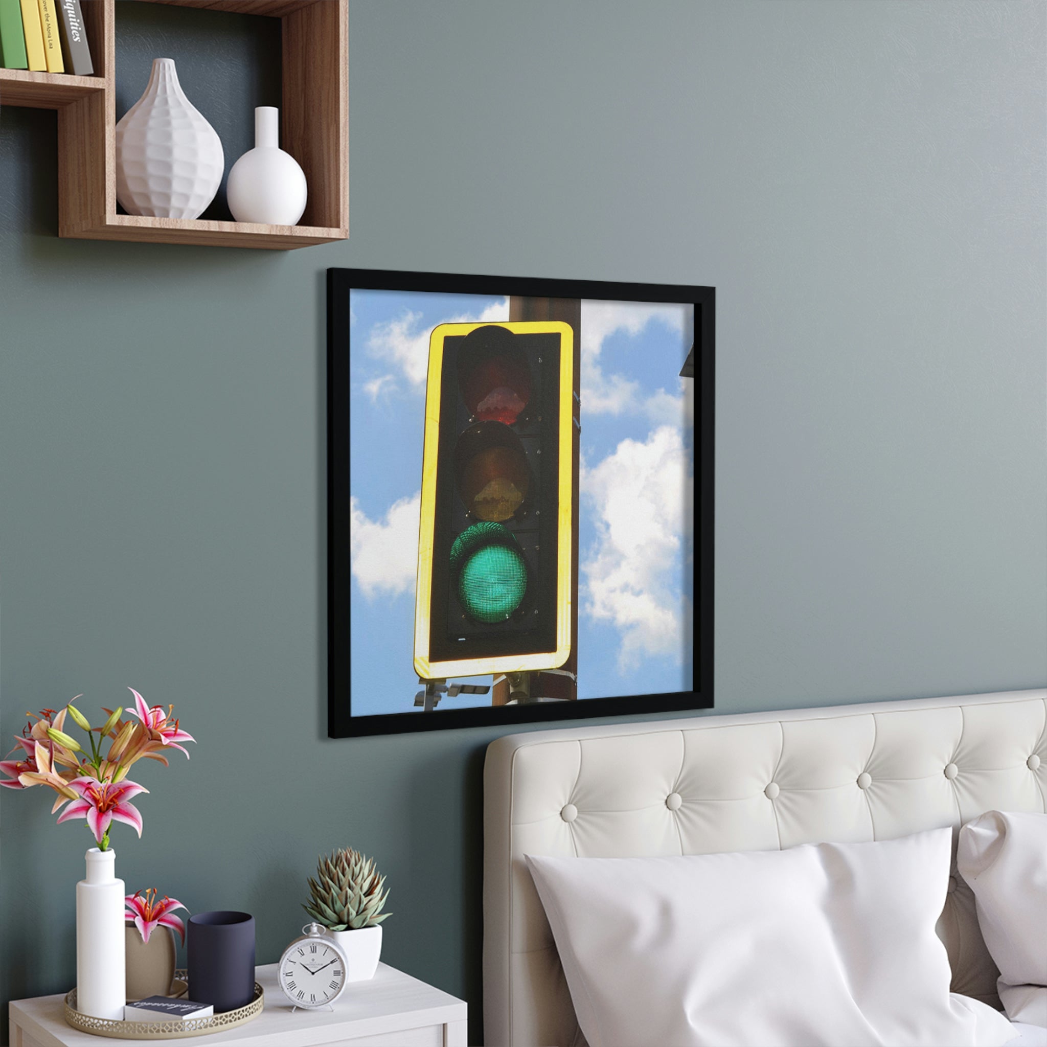 Traffic Light Framed Poster with a hand-crafted wooden frame, showcasing vibrant colors and a unique design, perfect for home decor.
