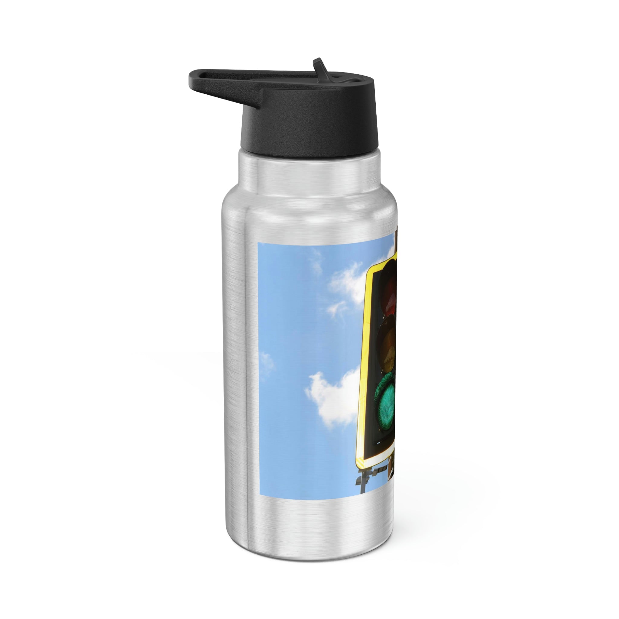 Traffic Light Gator Tumbler, 32oz in stainless steel with a black cap and straw, showcasing a customizable design.