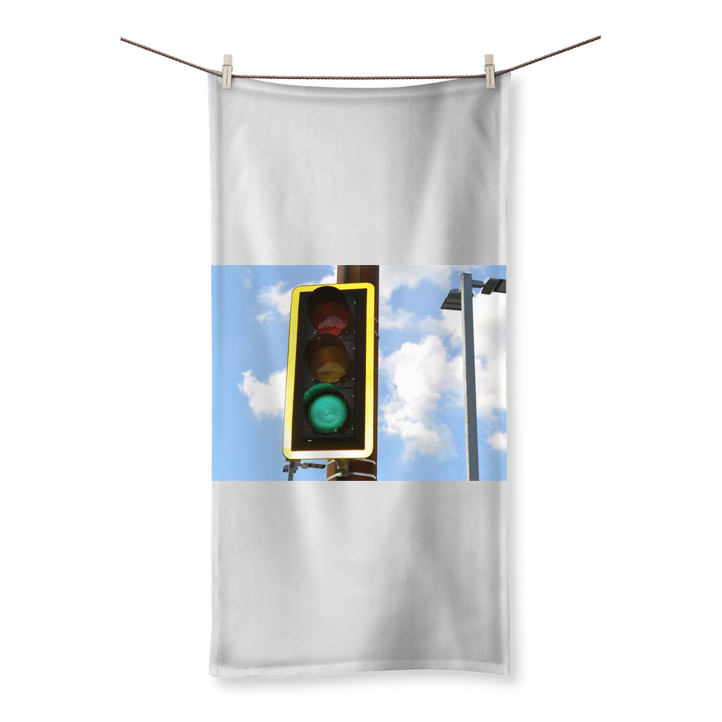 Traffic Light Sublimation All Over Towel showcasing vibrant colors on one side and soft cotton texture on the other side.