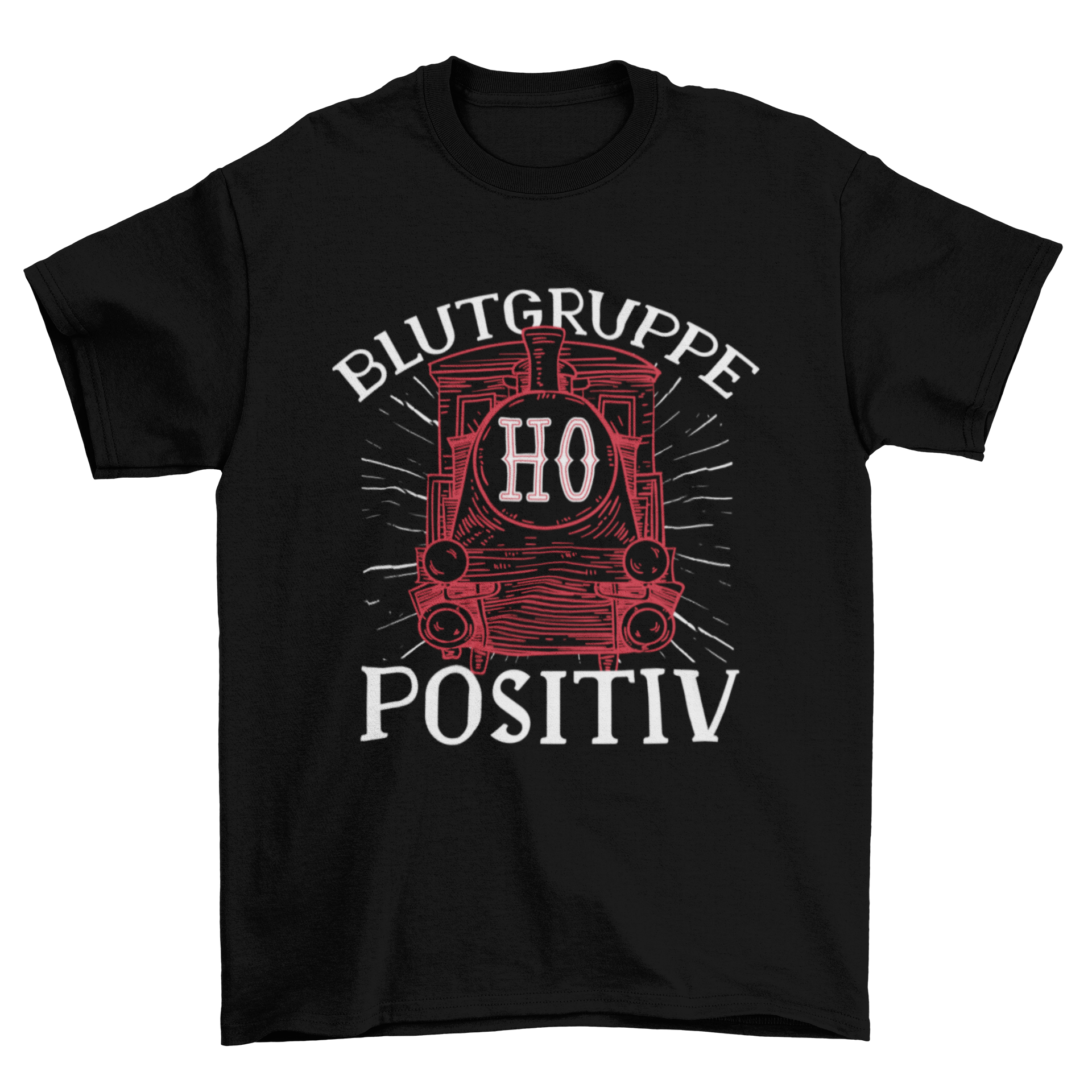 Train Quote T-Shirt featuring a vibrant train graphic and the quote 'Blutgruppe h0 positiv'.