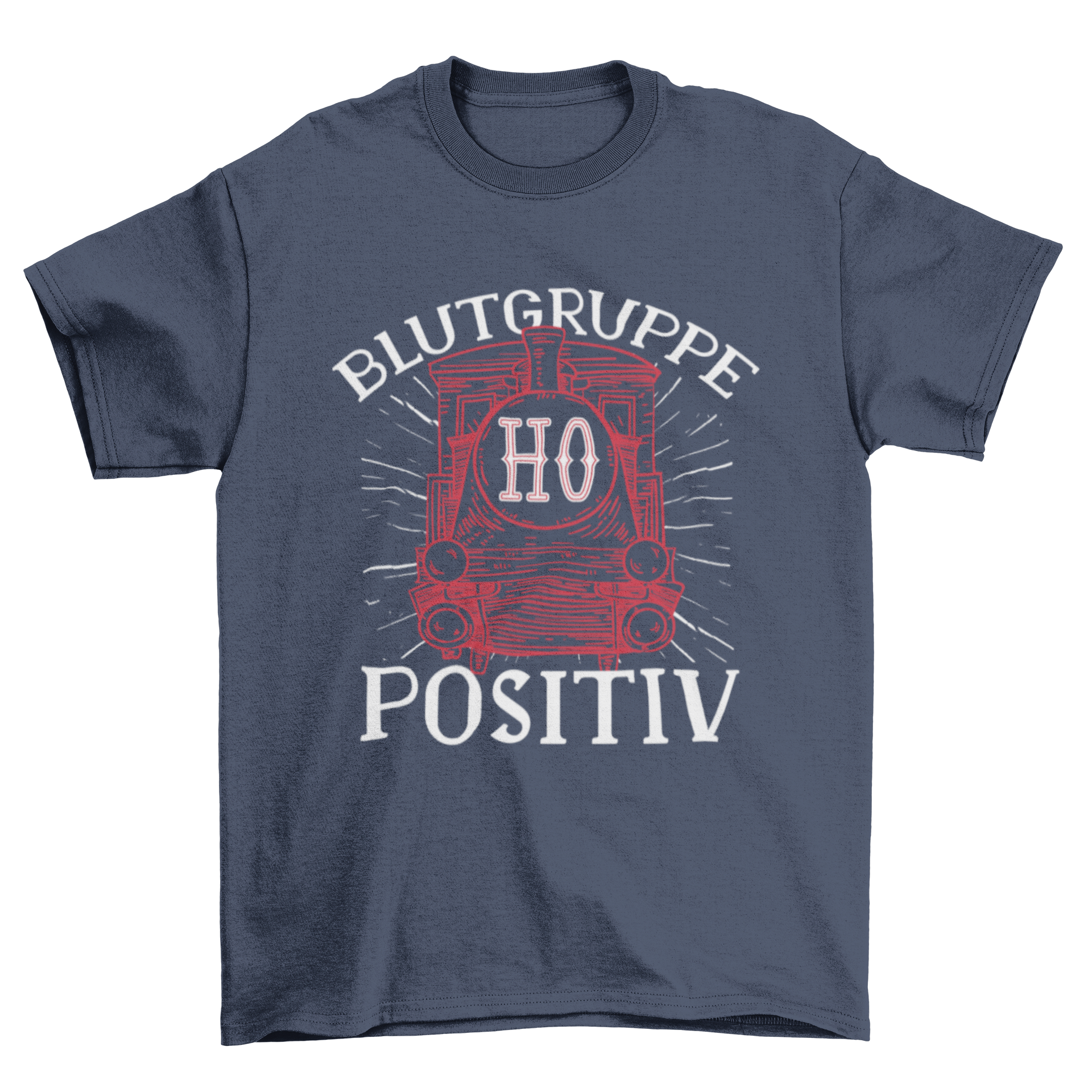 Train Quote T-Shirt featuring a vibrant train graphic and the quote 'Blutgruppe h0 positiv'.