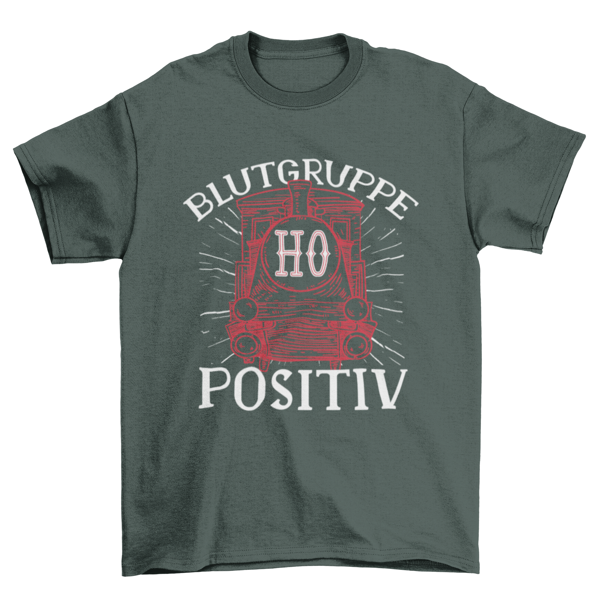Train Quote T-Shirt featuring a vibrant train graphic and the quote 'Blutgruppe h0 positiv'.