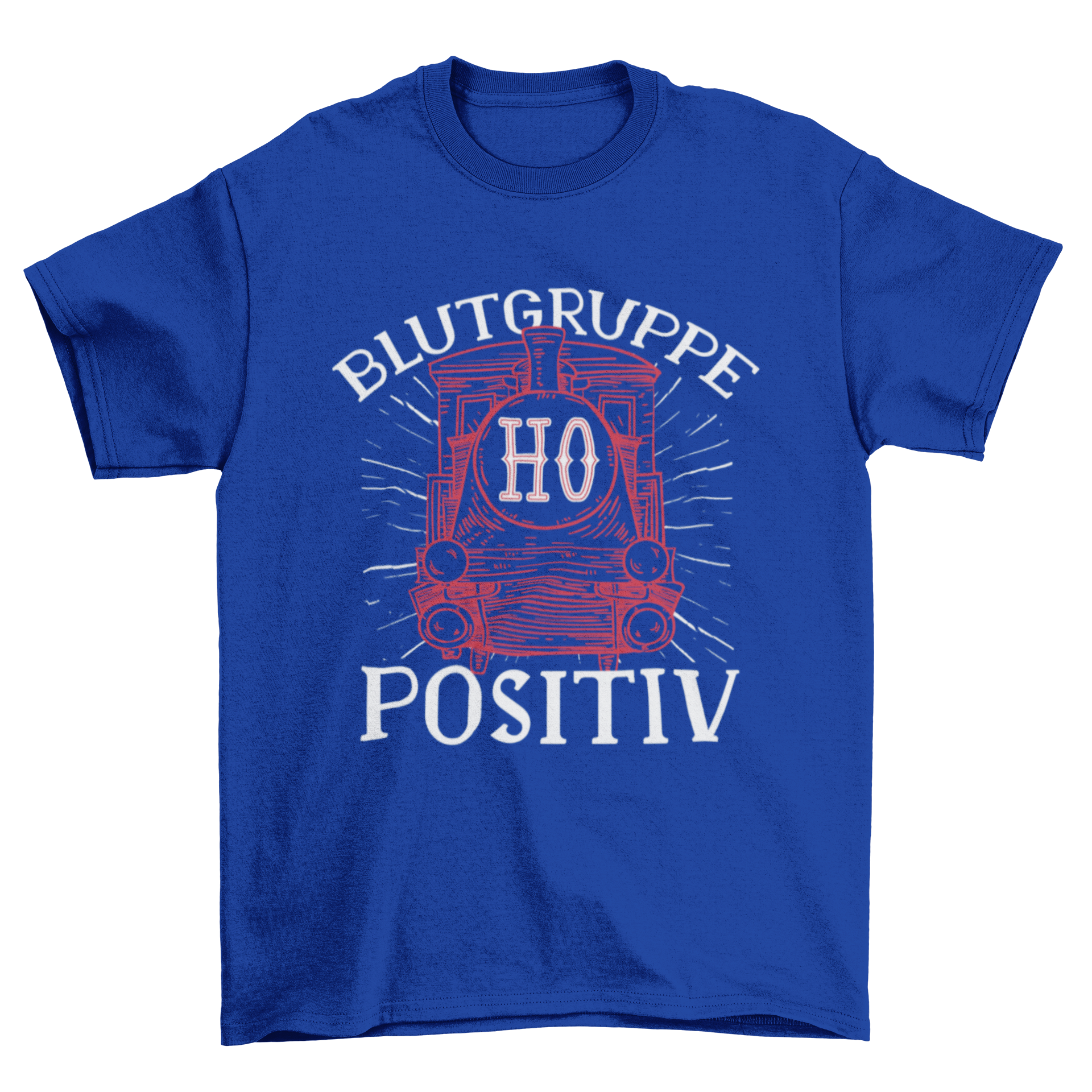 Train Quote T-Shirt featuring a vibrant train graphic and the quote 'Blutgruppe h0 positiv'.