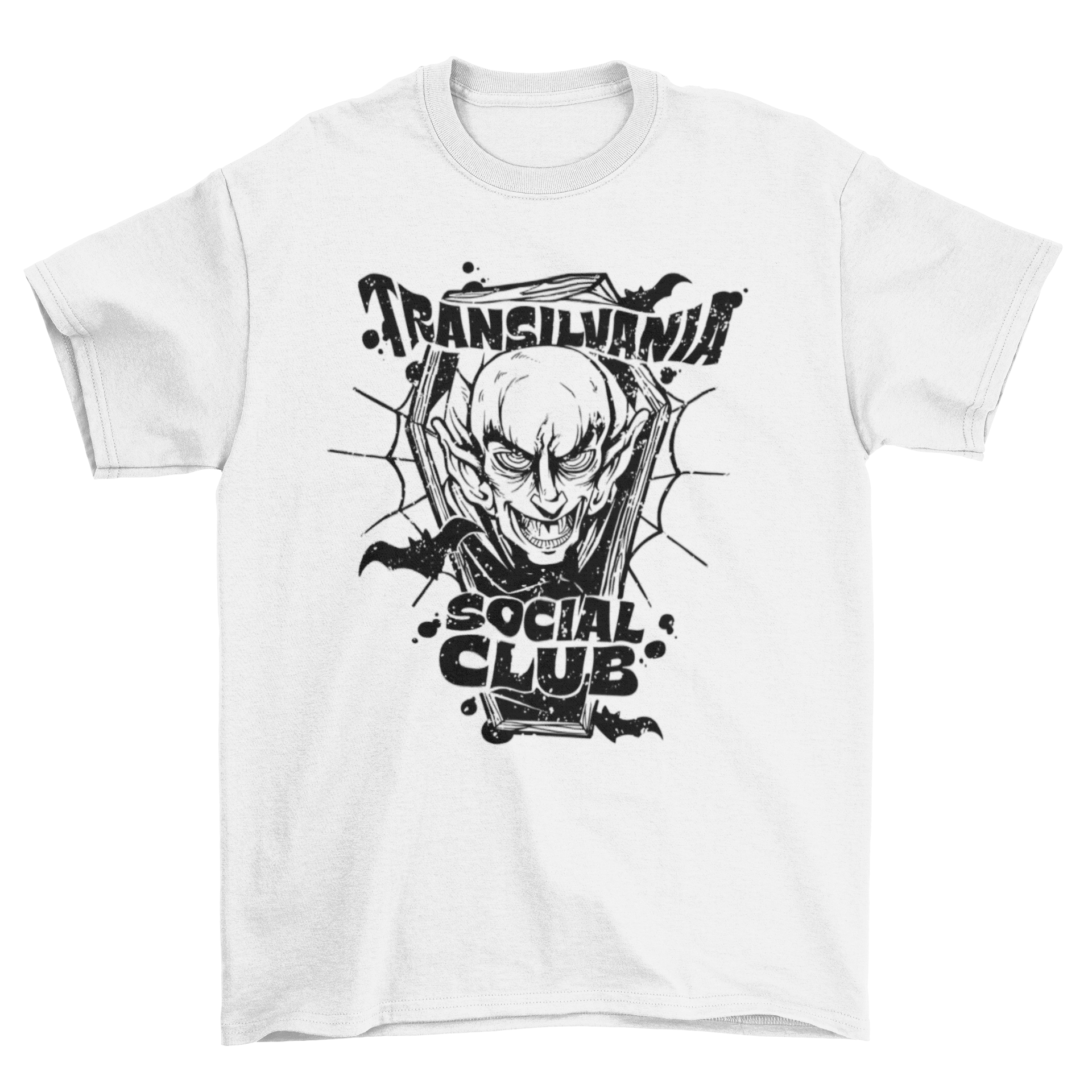 Transilvania social club t-shirt featuring a vampire design and playful caption.