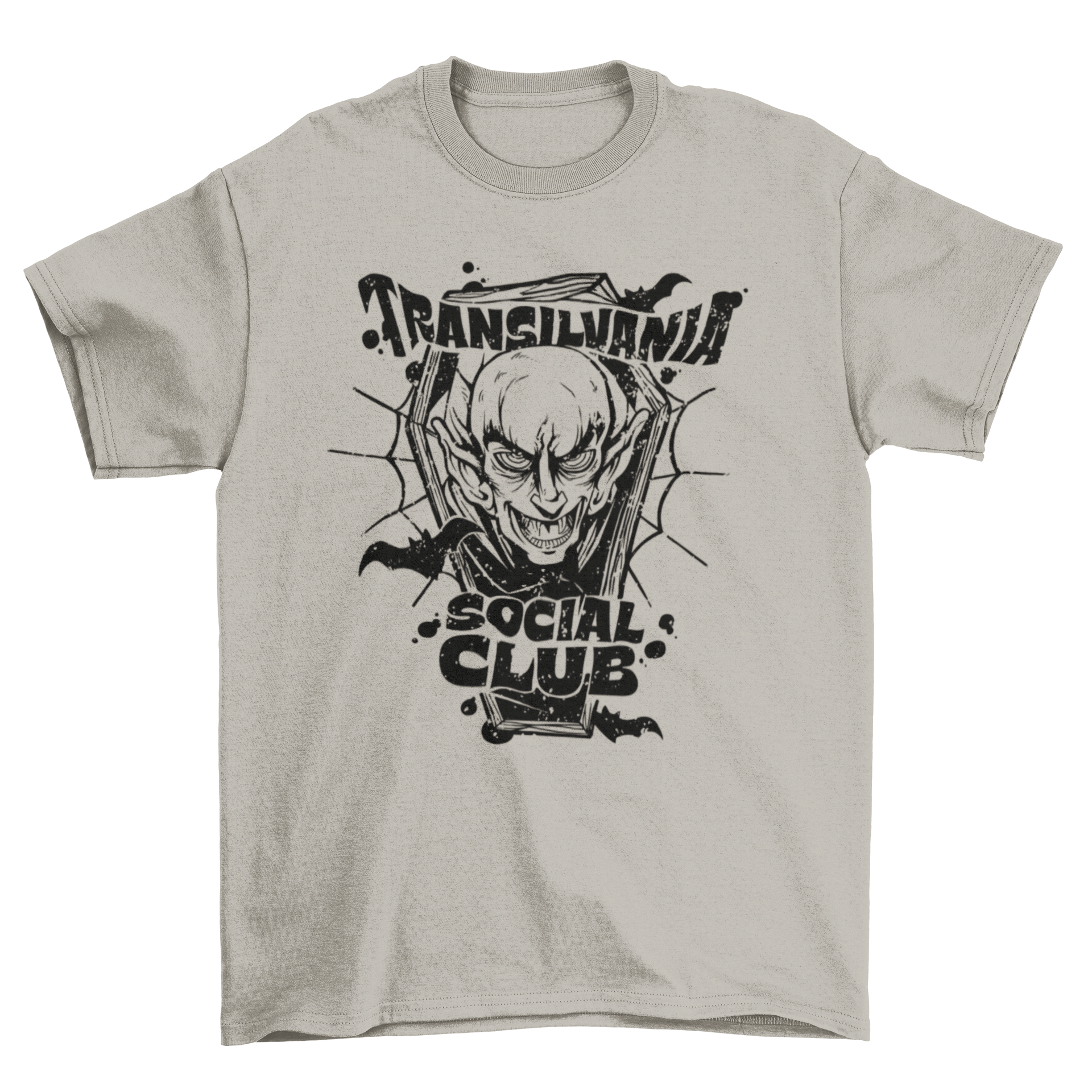 Transilvania social club t-shirt featuring a vampire design and playful caption.