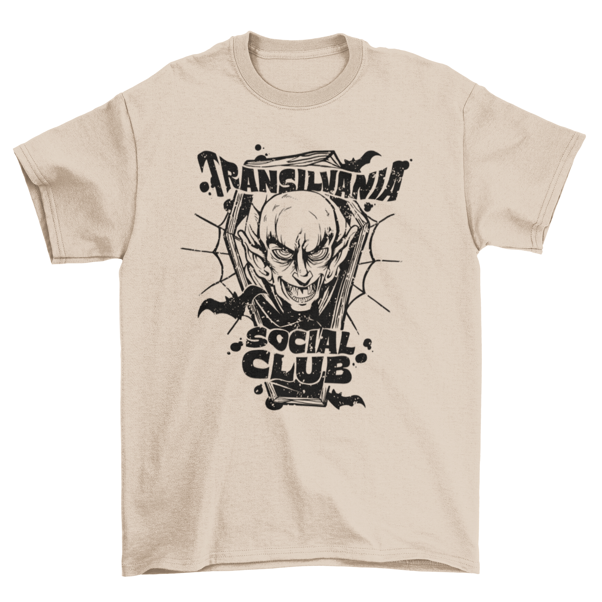 Transilvania social club t-shirt featuring a vampire design and playful caption.