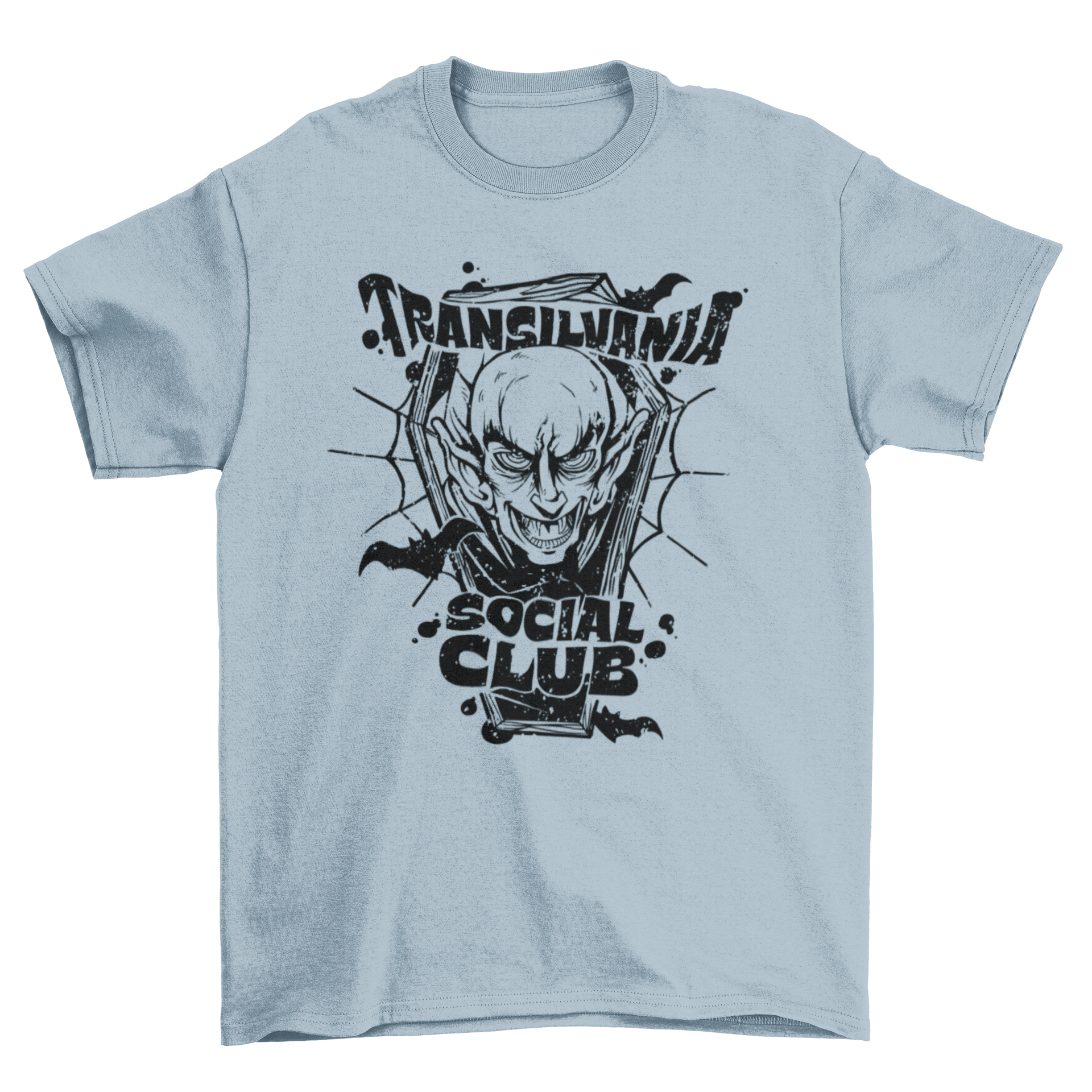 Transilvania social club t-shirt featuring a vampire design and playful caption.