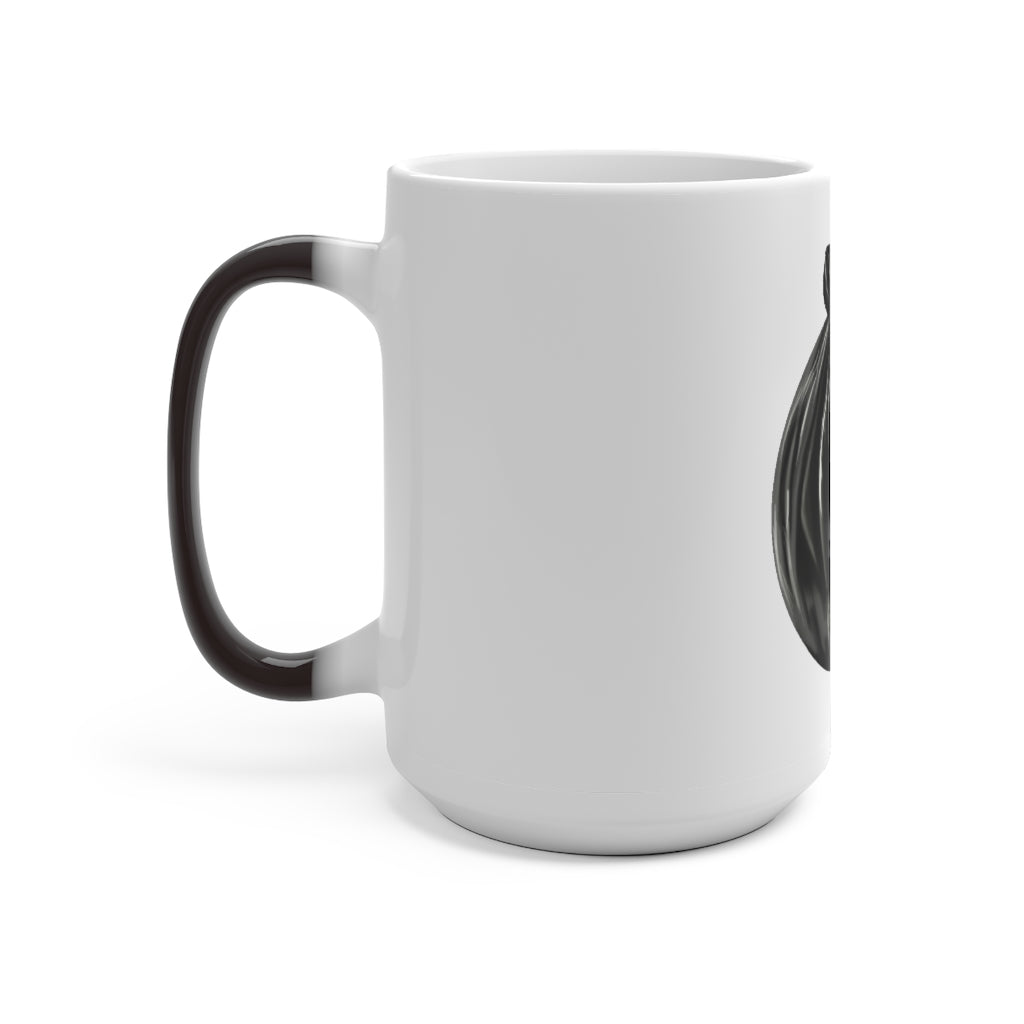 A white ceramic mug that changes color when filled with hot liquid, showcasing a fun and whimsical design.