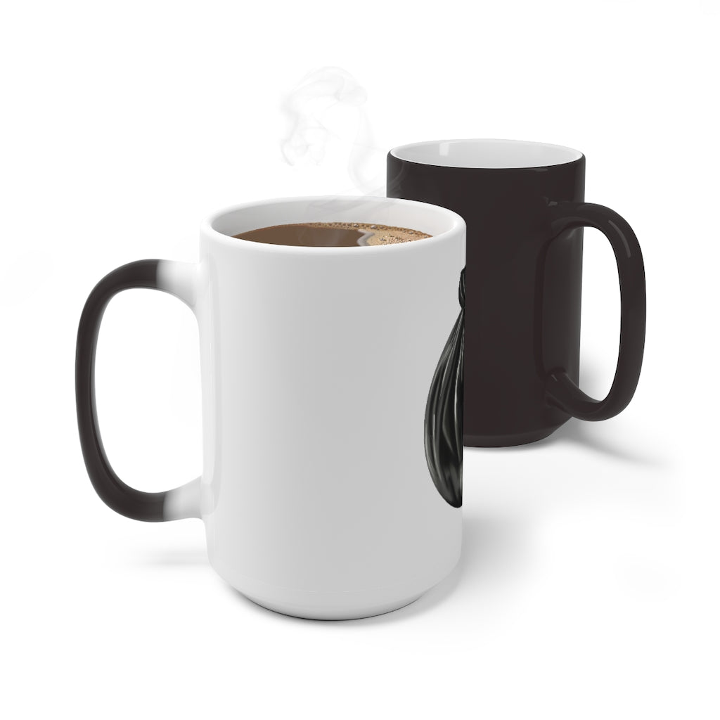 A white ceramic mug that changes color when filled with hot liquid, showcasing a fun and whimsical design.