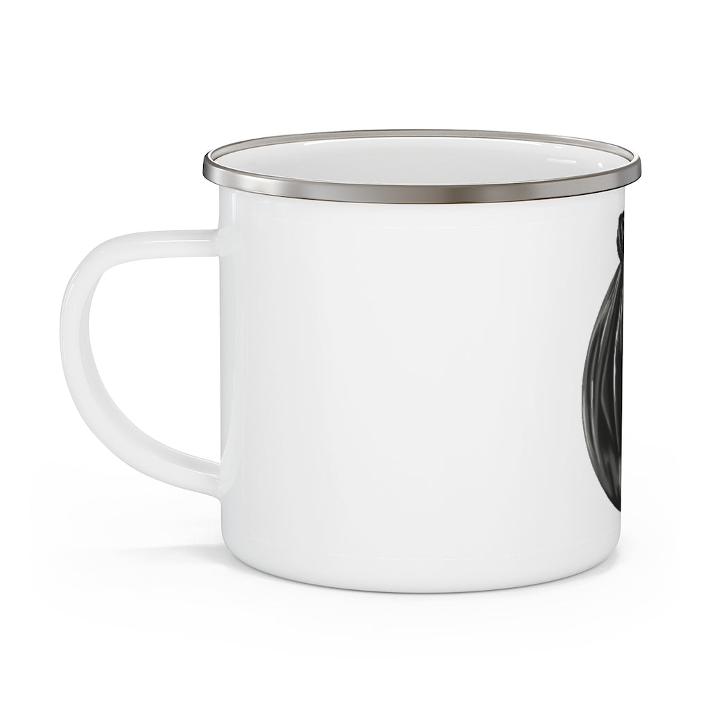 Trash Bag Enamel Camping Mug with a stylish design, featuring a C-handle and rounded corners, perfect for outdoor adventures.