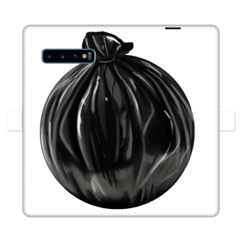 Trash Bag Fully Printed Wallet Case for iPhone and Samsung, featuring vibrant UV-printed designs and a magnetic closure.