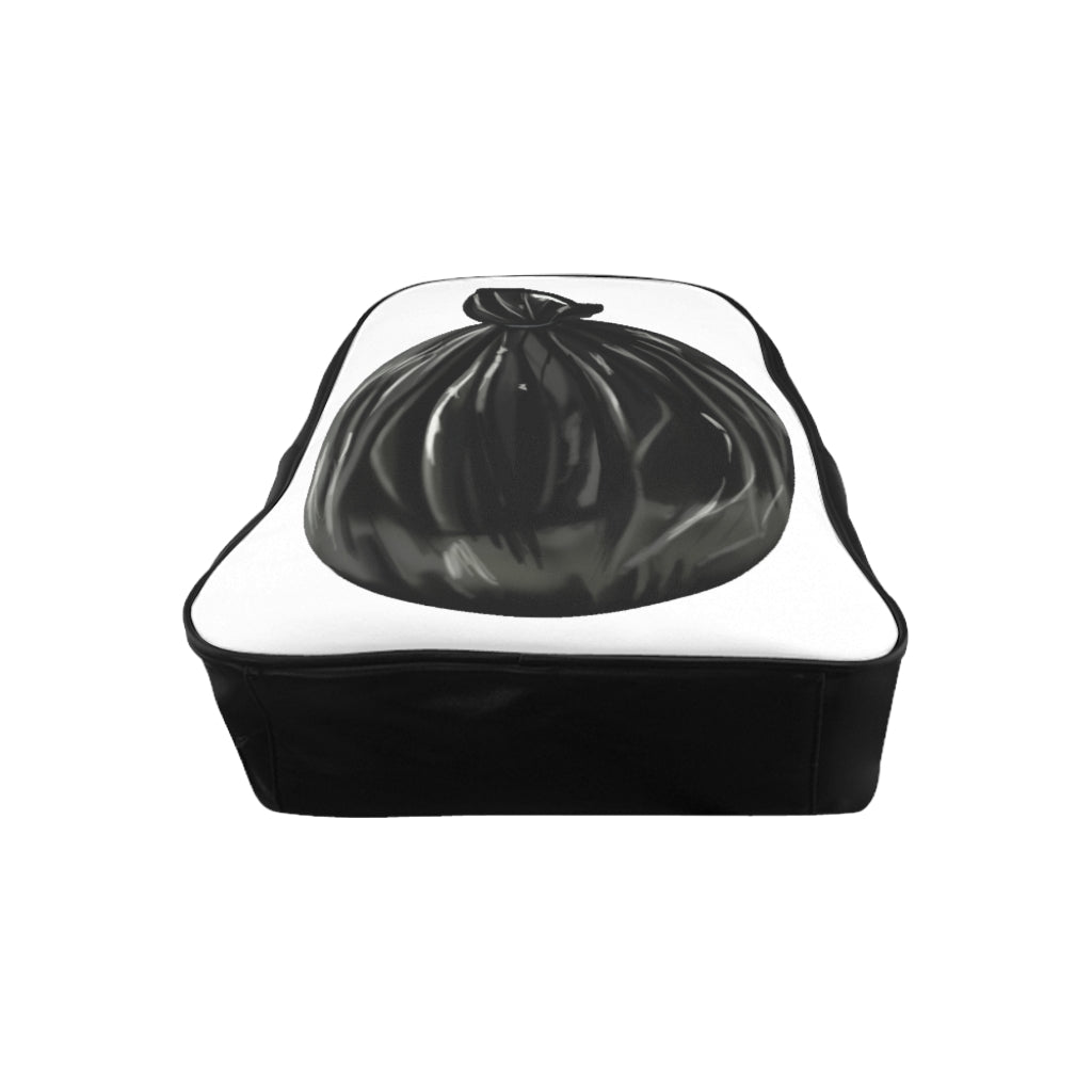 Stylish Trash Bag School Backpack made of PU leather with chocolate brown lining and padded back.