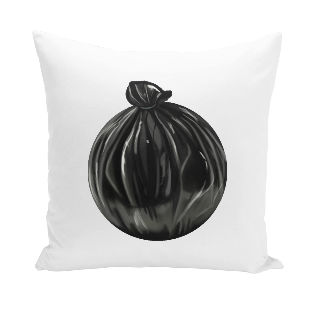 Trash Bag Throw Pillows featuring linen, canvas, and suede styles in various colors and designs, showcasing their soft texture and quality.