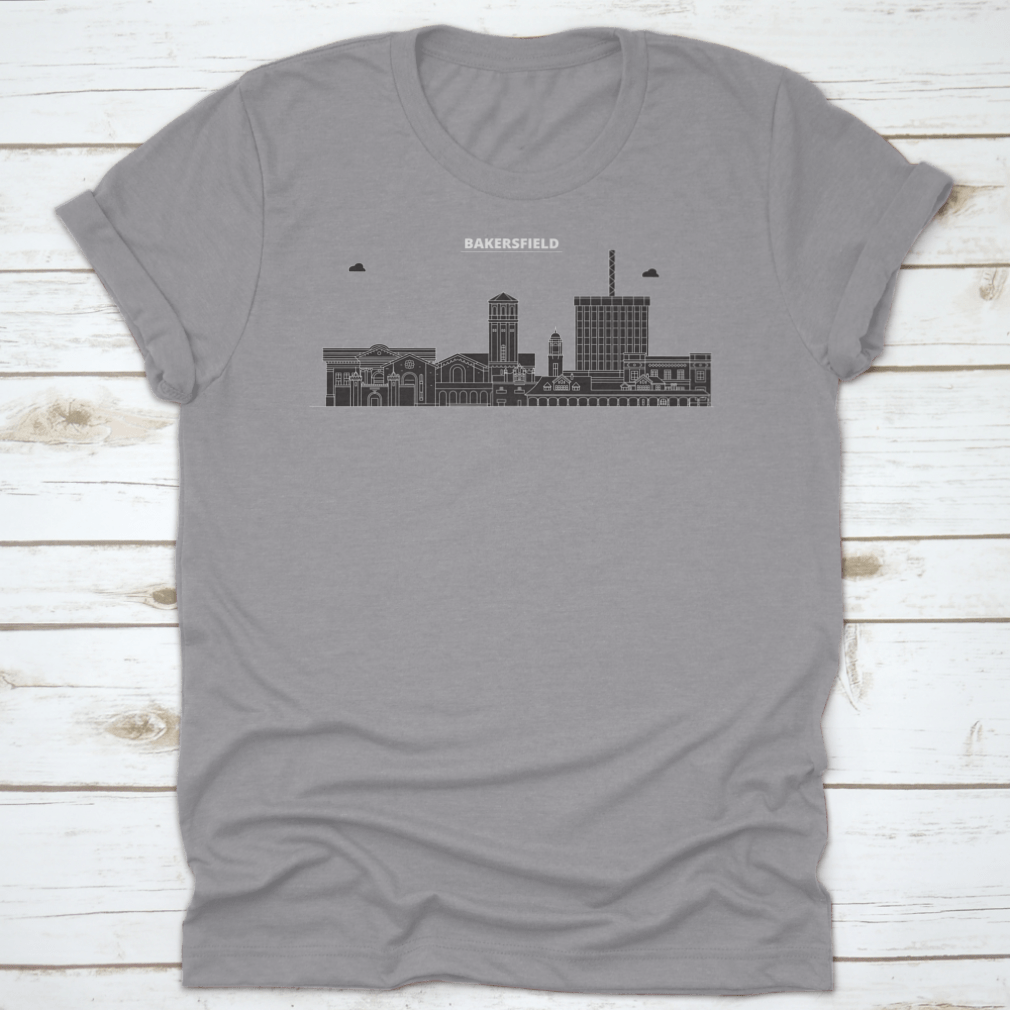 Vector skyline illustration of Bakersfield, United States, showcasing iconic buildings and landmarks in a colorful design.