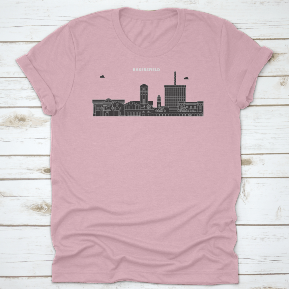 Vector skyline illustration of Bakersfield, United States, showcasing iconic buildings and landmarks in a colorful design.