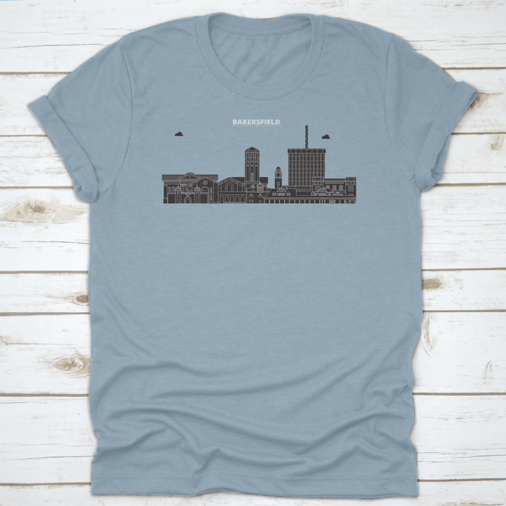 Vector skyline illustration of Bakersfield, United States, showcasing iconic buildings and landmarks in a colorful design.