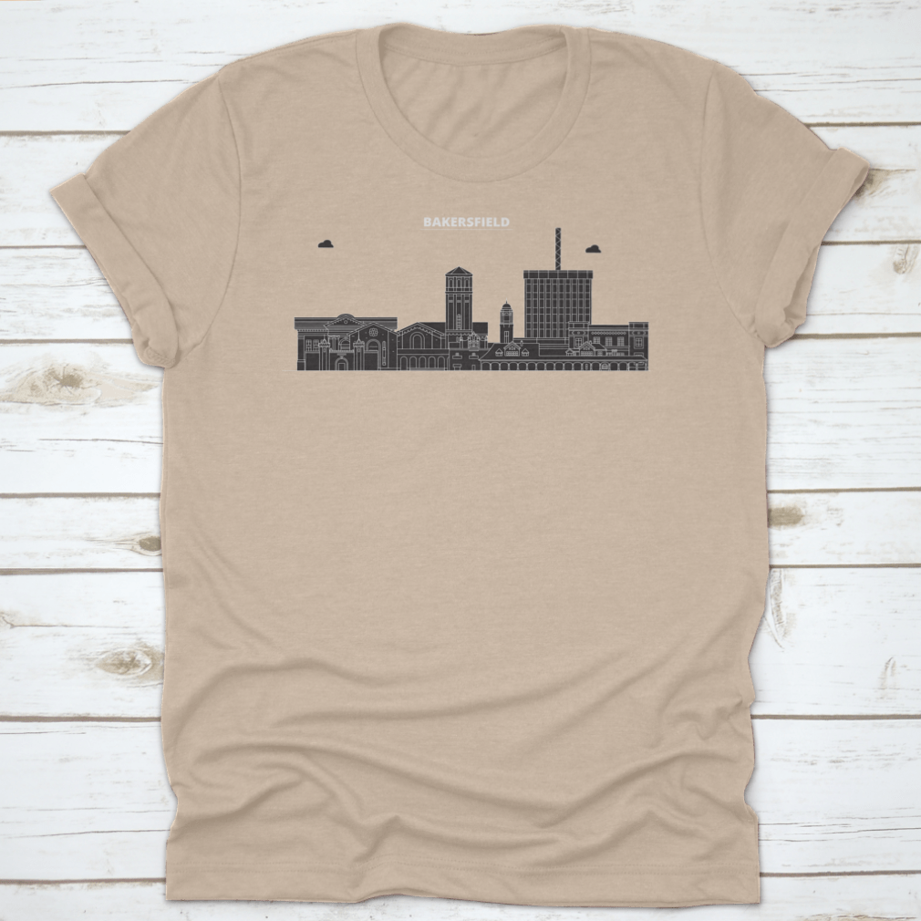 Vector skyline illustration of Bakersfield, United States, showcasing iconic buildings and landmarks in a colorful design.