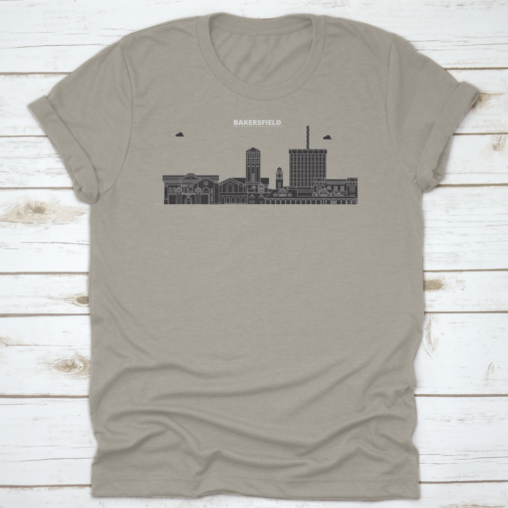 Vector skyline illustration of Bakersfield, United States, showcasing iconic buildings and landmarks in a colorful design.