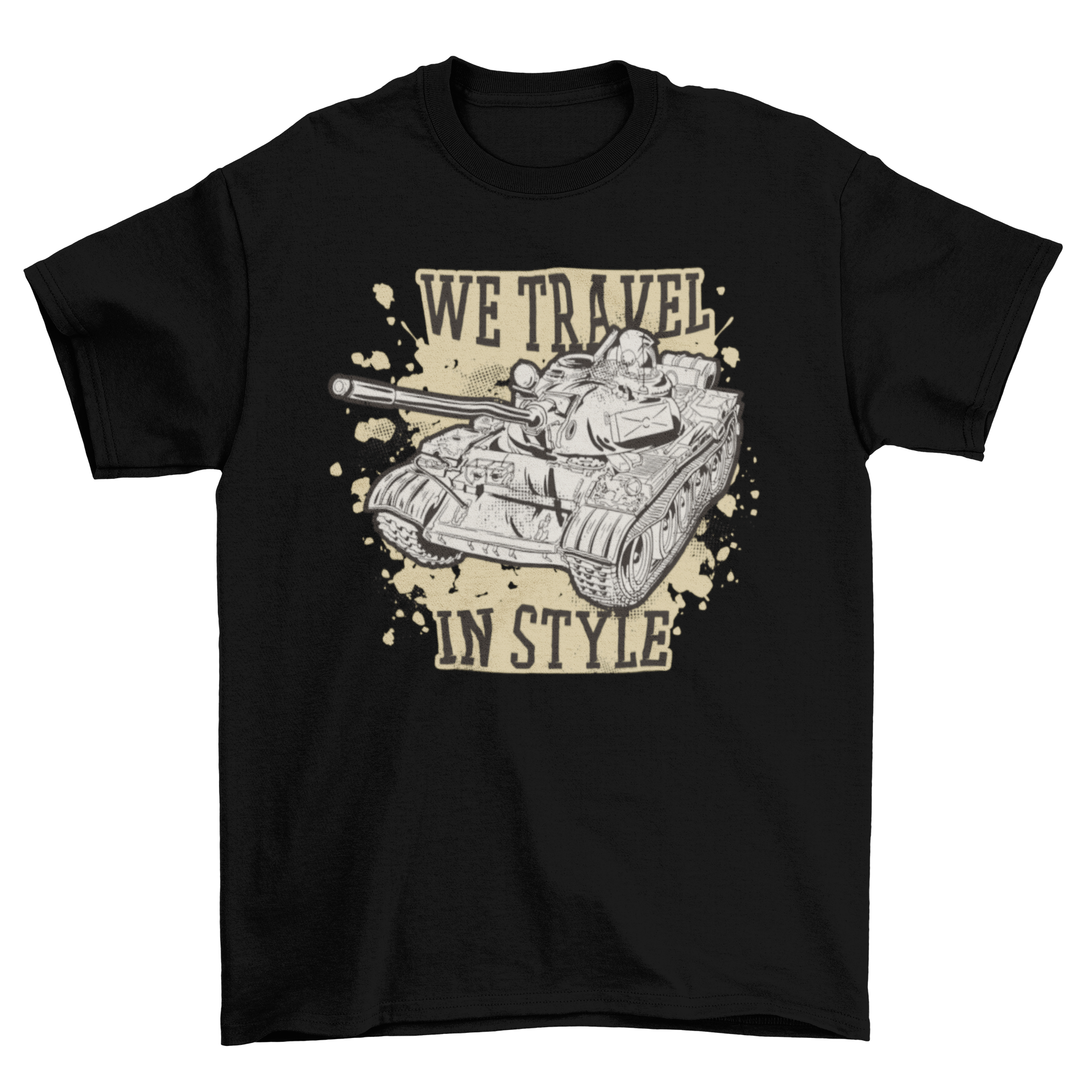 Travel in style t-shirt featuring a tank design and the quote 'We travel in style' in a stylish font.