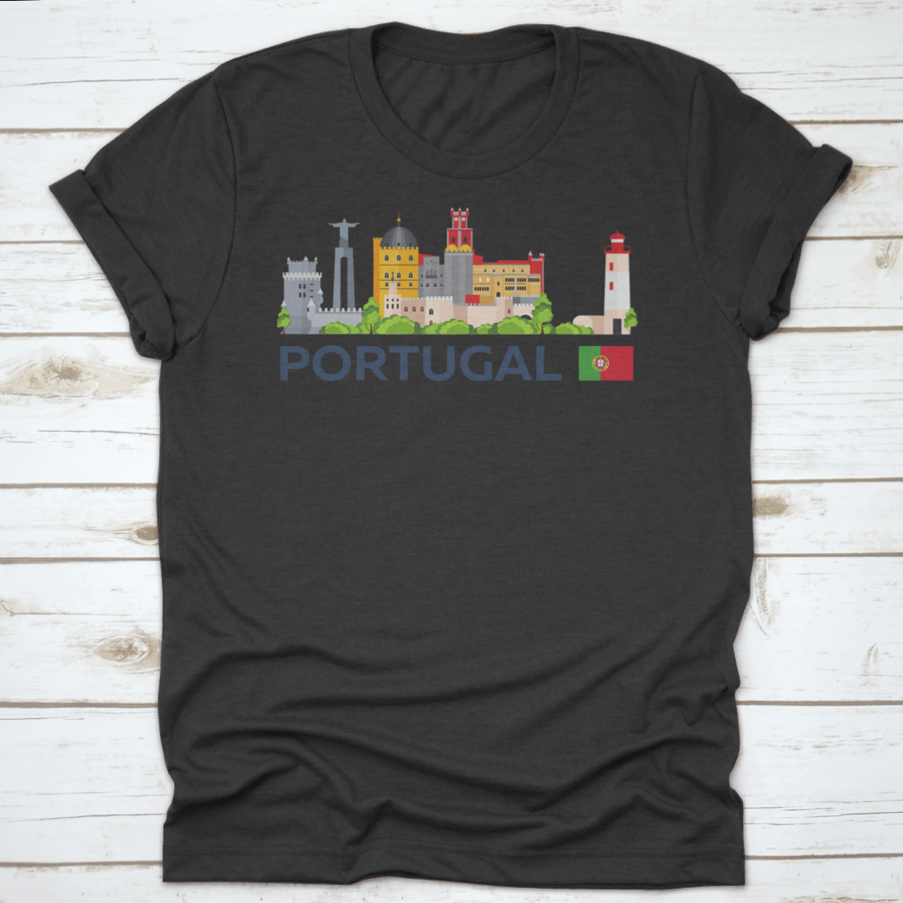A stylish flat illustration shirt design featuring the skyline of Portugal, showcasing iconic landmarks in a vibrant vector style.