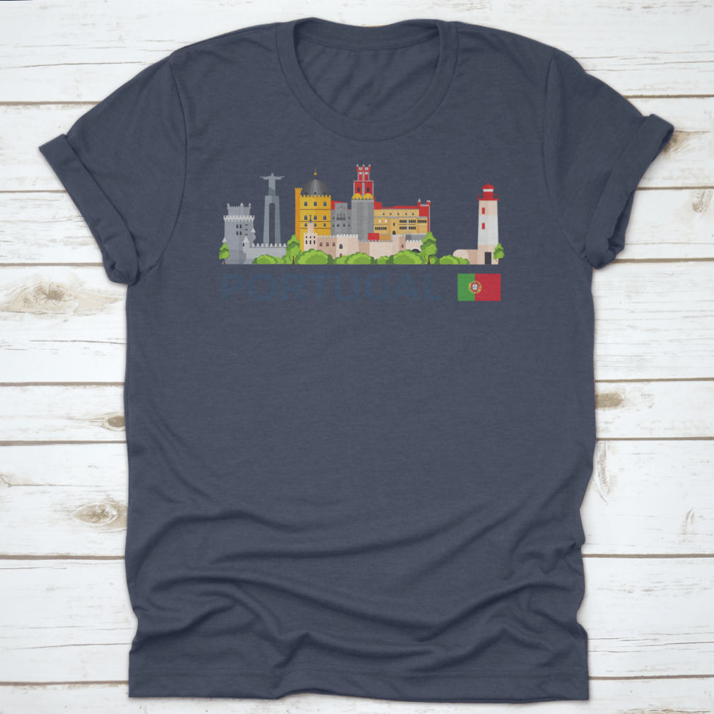 A stylish flat illustration shirt design featuring the skyline of Portugal, showcasing iconic landmarks in a vibrant vector style.