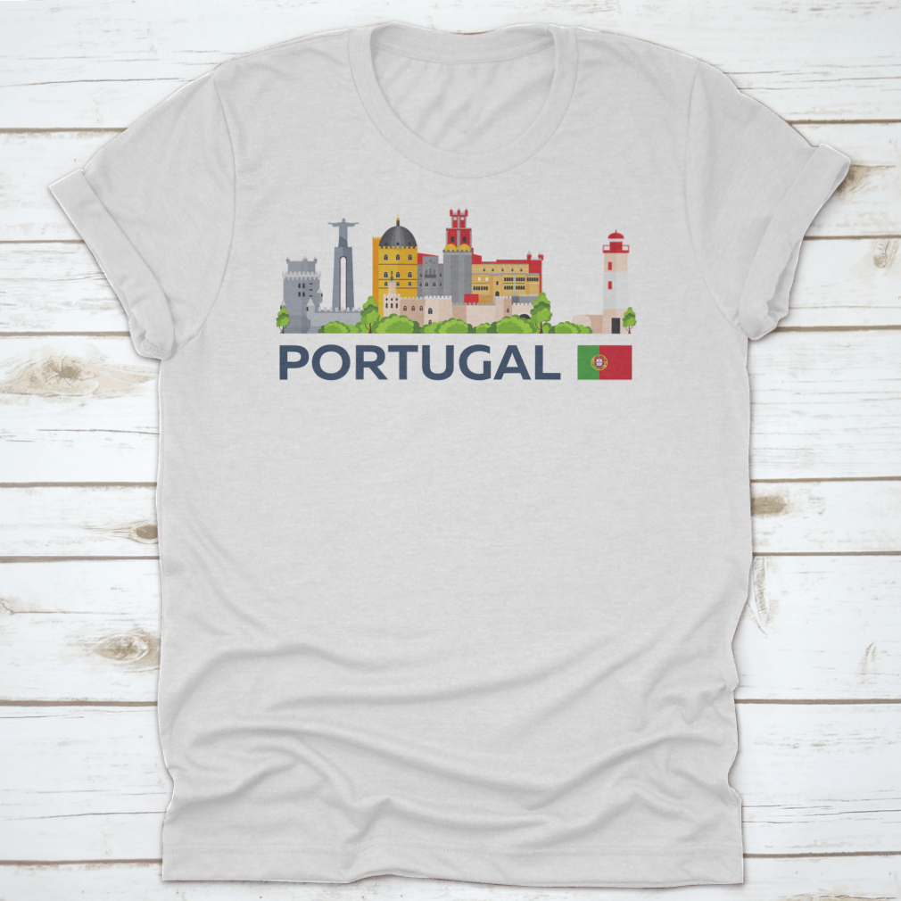 A stylish flat illustration shirt design featuring the skyline of Portugal, showcasing iconic landmarks in a vibrant vector style.