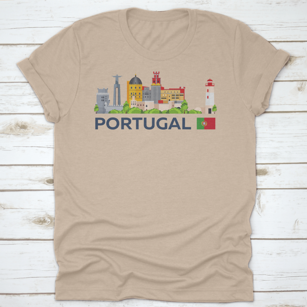 A stylish flat illustration shirt design featuring the skyline of Portugal, showcasing iconic landmarks in a vibrant vector style.