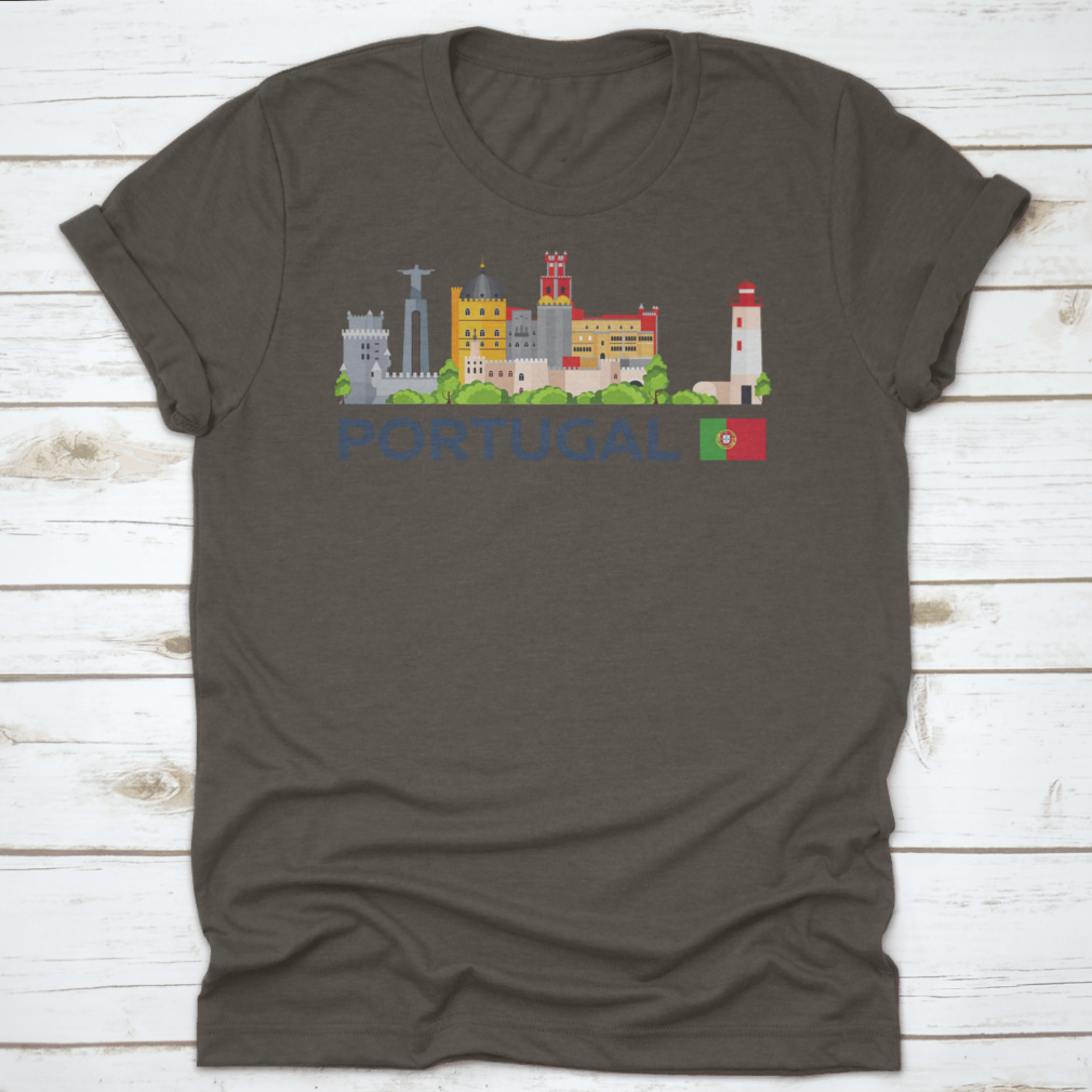 A stylish flat illustration shirt design featuring the skyline of Portugal, showcasing iconic landmarks in a vibrant vector style.