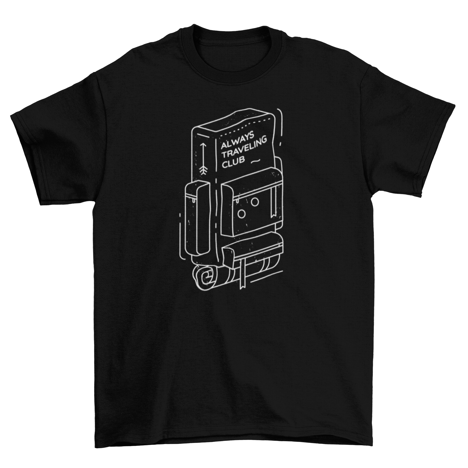 A stylish t-shirt featuring a backpack graphic and the quote 'Always traveling club', perfect for travel lovers.