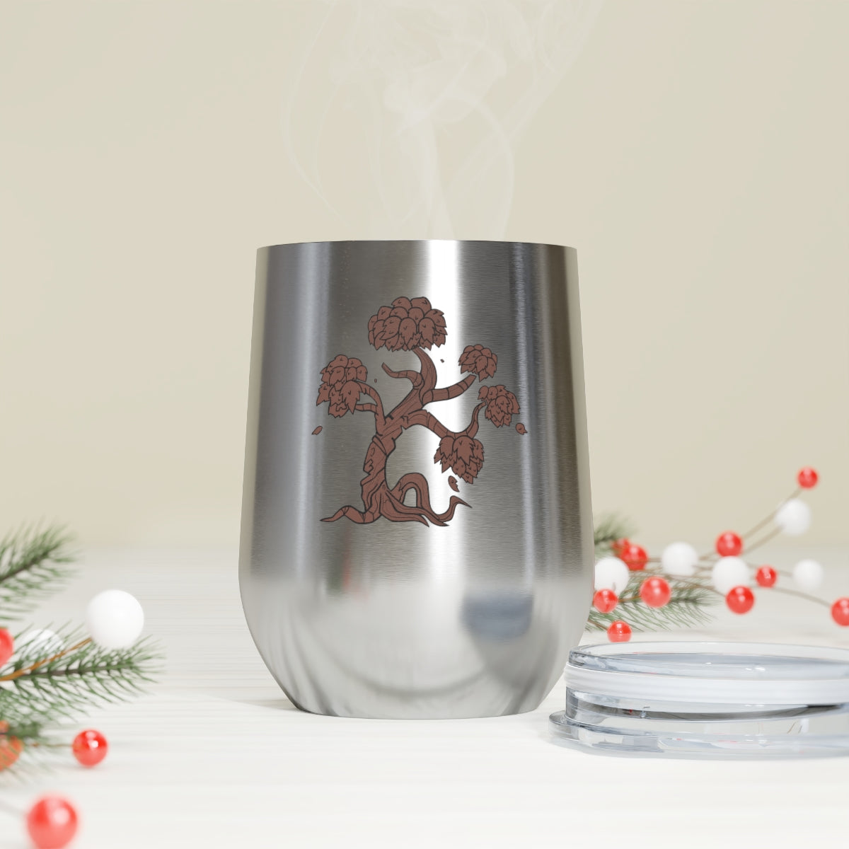 Tree 12oz Insulated Wine Tumbler with clear lid, showcasing its sleek stainless steel design and double-wall insulation.