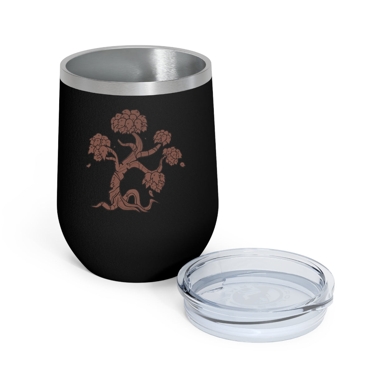 Tree 12oz Insulated Wine Tumbler with clear lid, showcasing its sleek stainless steel design and double-wall insulation.