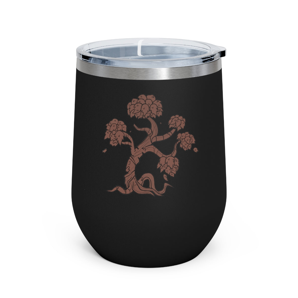 Tree 12oz Insulated Wine Tumbler with clear lid, showcasing its sleek stainless steel design and double-wall insulation.