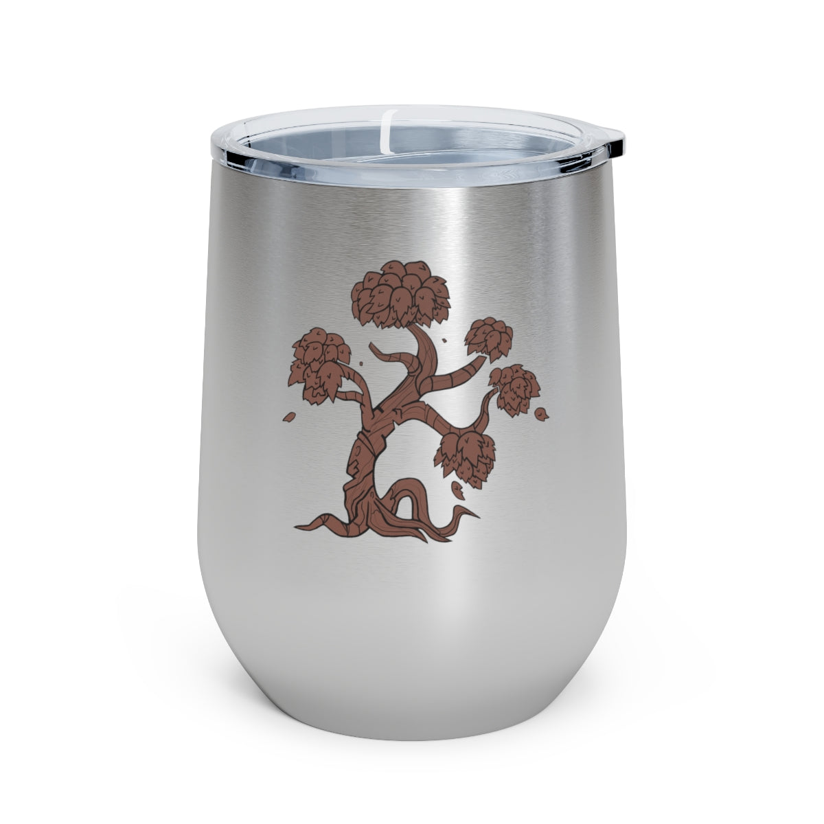Tree 12oz Insulated Wine Tumbler with clear lid, showcasing its sleek stainless steel design and double-wall insulation.