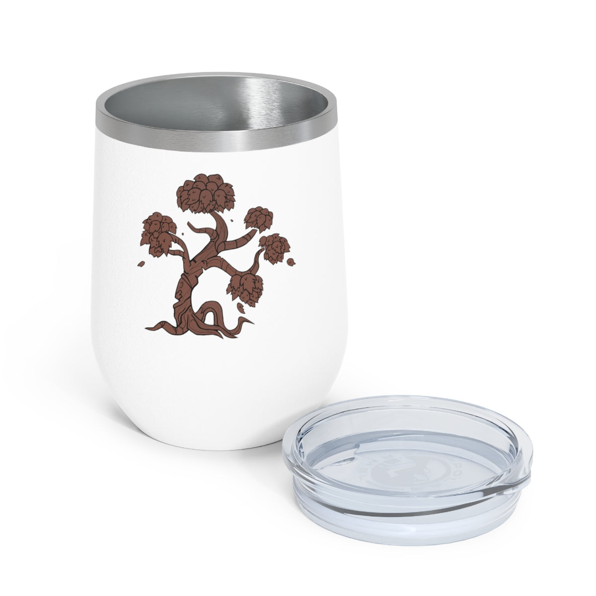 Tree 12oz Insulated Wine Tumbler with clear lid, showcasing its sleek stainless steel design and double-wall insulation.