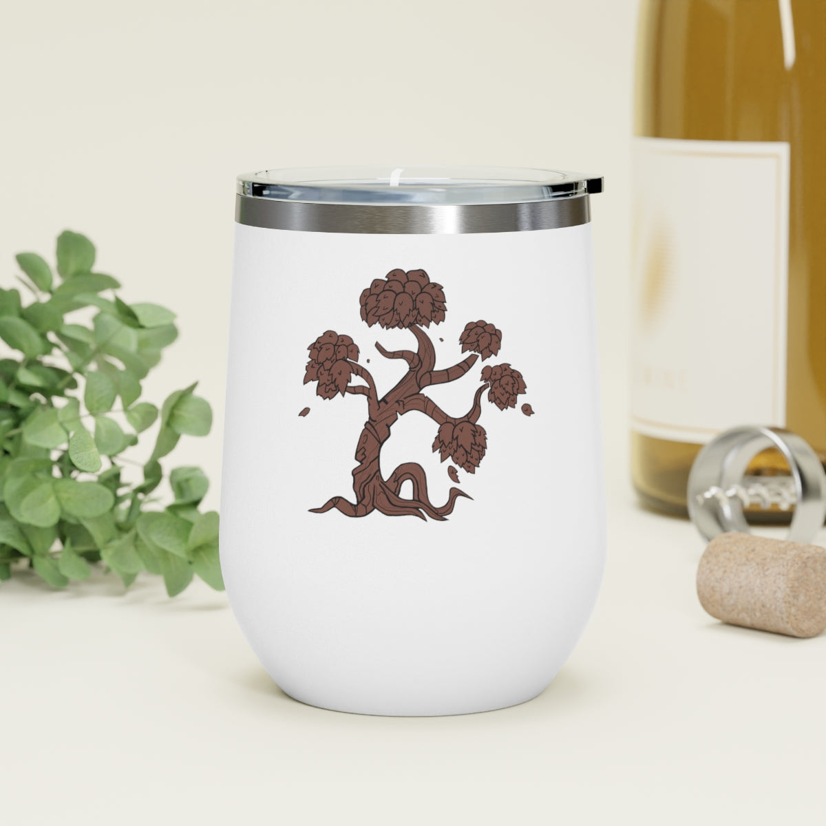 Tree 12oz Insulated Wine Tumbler with clear lid, showcasing its sleek stainless steel design and double-wall insulation.