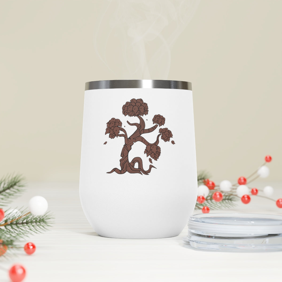 Tree 12oz Insulated Wine Tumbler with clear lid, showcasing its sleek stainless steel design and double-wall insulation.